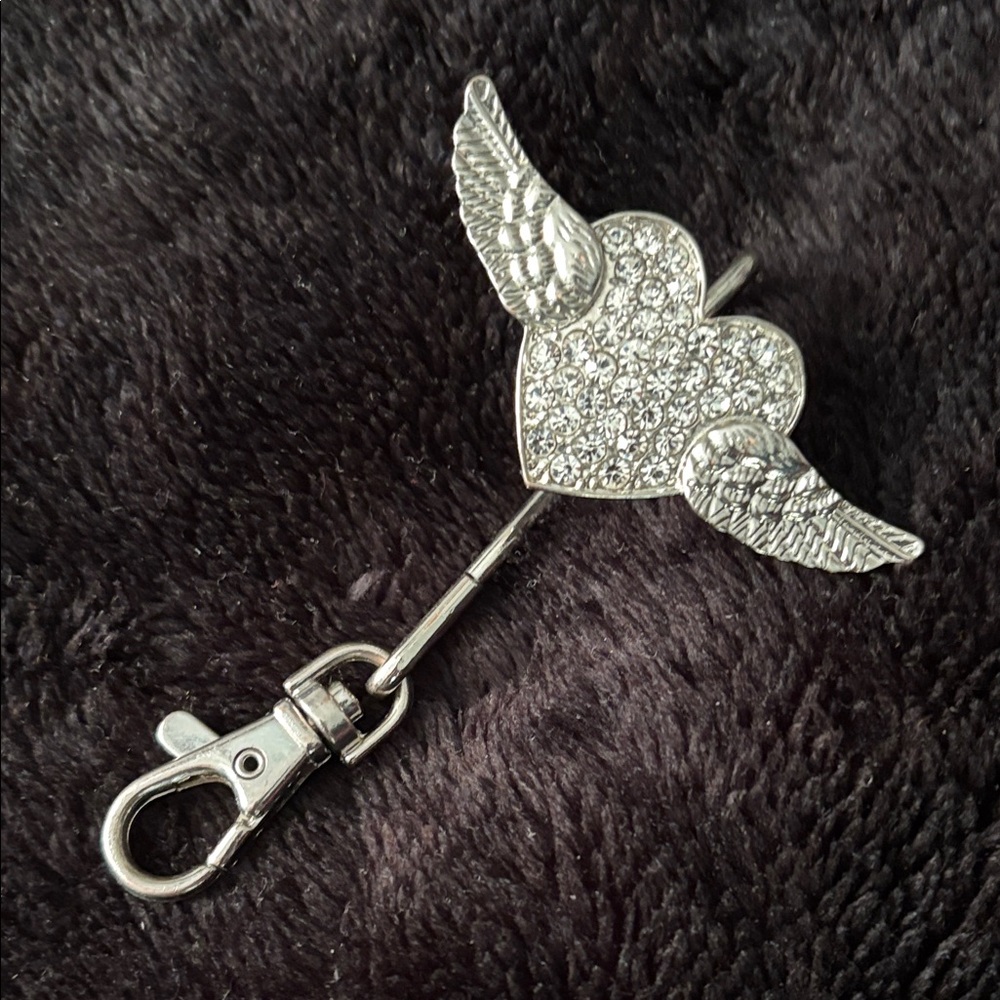 Silver Rhinestone Heart Winged Bag Charm Keyfinder